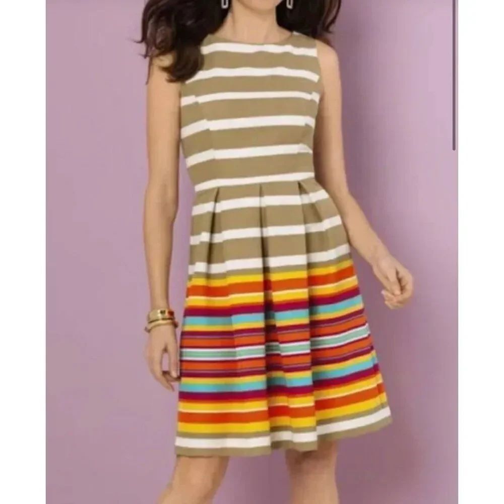 Ronni Nicole Women Multicolored Sleeveless Striped Pleated Dress Size 10 NWT